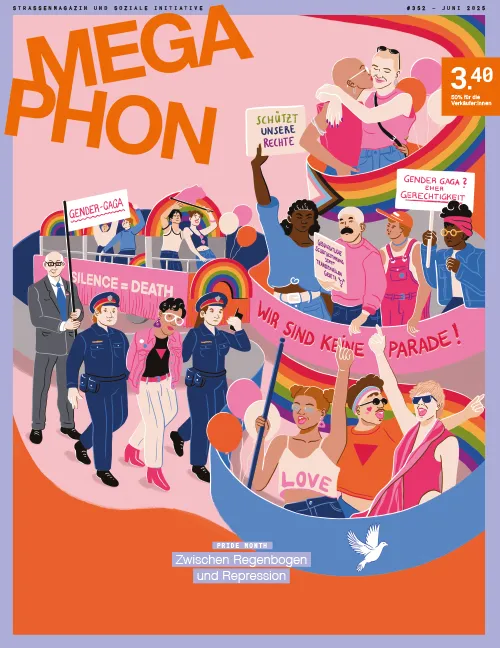 Titelseite vom MegaPhon Juni 2025, darauf eine Zeichnung der Pride-Parade in bunten, rosa-blau-orangen Farben. Die Schlagzeile läutet: Pride month, zwischen Regenbogen und Repression.